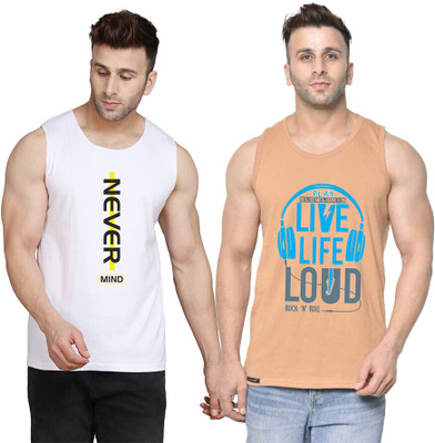 SLOWLORIS Printed Men Scoop Neck Beige, White T-Shirt