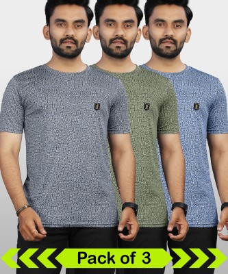 VeBNoR Printed Men Round Neck Grey, Green, Light Blue T-Shirt