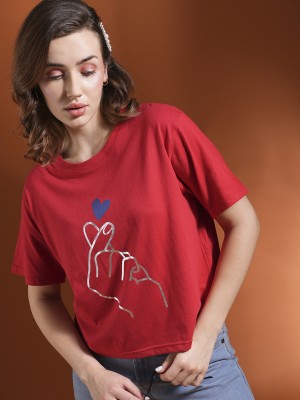 Globus Printed Women Round Neck Red T-Shirt