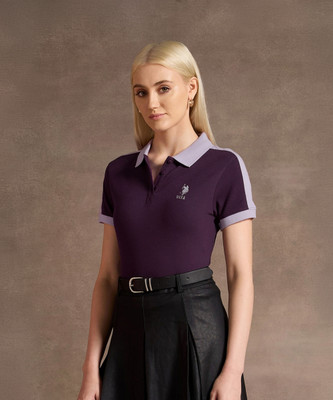 U.S. POLO ASSN. Colorblock Women Polo Neck Purple T-Shirt