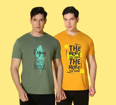 WOOSTRO Printed, Typography Men Round Neck Light Green, Yellow T-Shirt