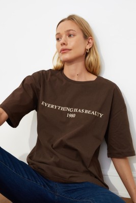 Trendyol Typography Women Round Neck Brown T-Shirt