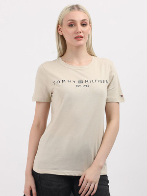 TOMMY HILFIGER Solid Women Round Neck Beige T-Shirt