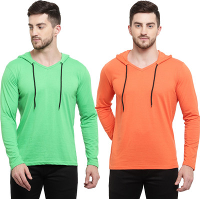 Tresna Trendy Solid Men Hooded Neck Orange, Light Green T-Shirt