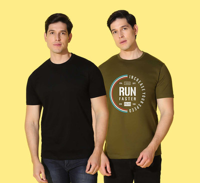 WOOSTRO Solid Men Round Neck Green, Black T-Shirt
