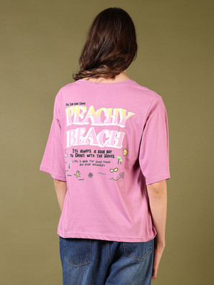 V-MART Printed Women Round Neck Pink T-Shirt