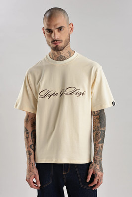DOPEANDDROP Embroidered Men Crew Neck Beige T-Shirt
