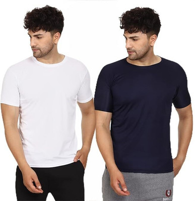 P collection Solid Men Round Neck Navy Blue, White T-Shirt