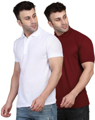 INKKR Solid Men Polo Neck White, Maroon T-Shirt