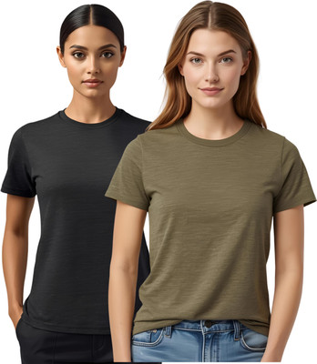 SHARXTRENDS Solid Women Round Neck Black, Green T-Shirt