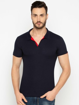 Status Quo Solid Men Polo Neck Navy Blue T-Shirt