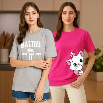 Elvia Printed Women Round Neck Grey, Pink T-Shirt