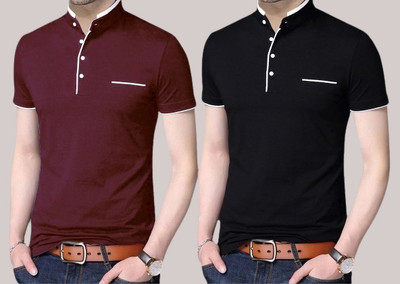 Reya Solid Men Mandarin Collar Maroon, Black T-Shirt