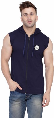 Money Leaf Solid Men Hooded Neck Dark Blue T-Shirt