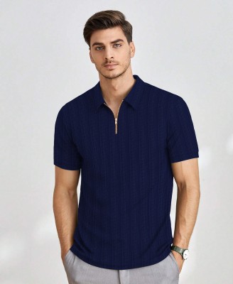 KAJARU Self Design Men Polo Neck Blue T-Shirt