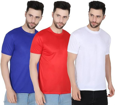 P collection Solid Men Round Neck Blue, Red, White T-Shirt