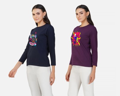 METRONAUT Printed Women Round Neck Purple, Navy Blue T-Shirt