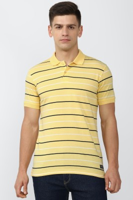 Peter England University Striped Men Polo Neck Yellow T-Shirt