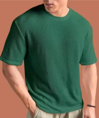 At Last Fashion Self Design Men Round Neck Green T-Shirt