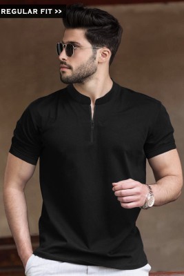 TRIPR Solid Men Mandarin Collar Black T-Shirt