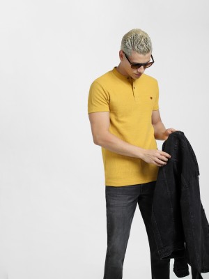 JACK & JONES Self Design Men Henley Neck Yellow T-Shirt