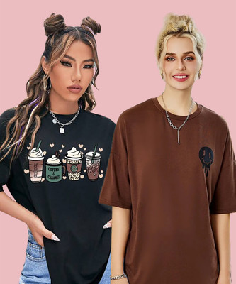 Christy World Printed Women Round Neck Black, Brown T-Shirt