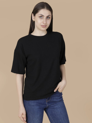 VDTREND Solid Women Round Neck Black T-Shirt