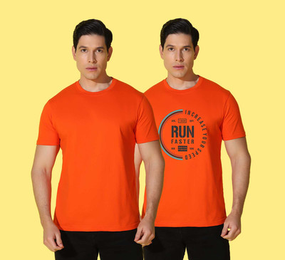 WOOSTRO Solid, Printed Men Round Neck Orange T-Shirt