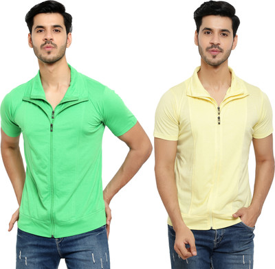 Adorbs Solid Men Polo Neck Green, Yellow T-Shirt