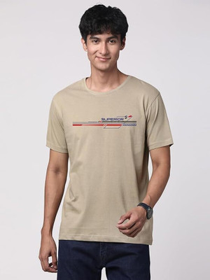 easy fun Printed Men Round Neck Beige T-Shirt