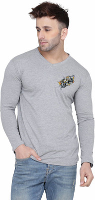 Lawful Casual Graphic Print Men V Neck Silver T-Shirt