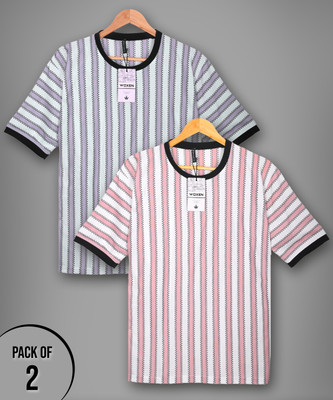 WOXEN Striped Men Round Neck Purple, Pink T-Shirt