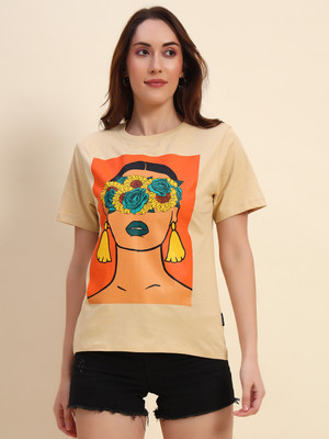 THE DRY STATE Printed Women Round Neck Beige T-Shirt