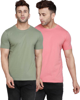 TEEFOX Solid Men Round Neck Pink, Green T-Shirt