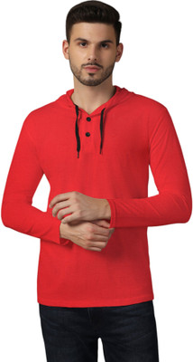 BEYOU FASHION Self Design Men Hooded Neck Red T-Shirt