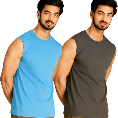 Jangoboy Solid Men Round Neck Blue, Grey T-Shirt