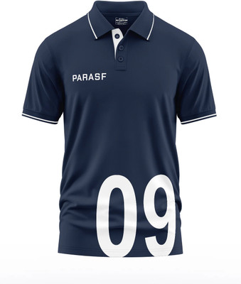 Warriorworld Solid, Printed Men Polo Neck Navy Blue T-Shirt