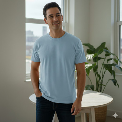 Beshvoosha Solid Men Round Neck Light Blue T-Shirt