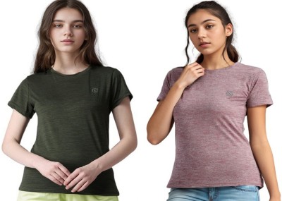 ND Solid Women Round Neck Dark Green, Pink T-Shirt