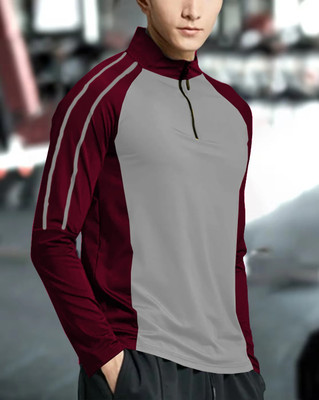 GAARRBLY Colorblock Men High Neck Maroon T-Shirt