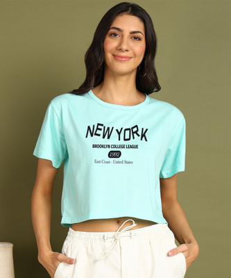 Moda Rapido Printed Women Round Neck Light Blue T-Shirt