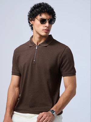 The Souled Store Solid Men Polo Neck Brown T-Shirt