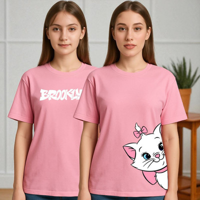 Elvia Printed Women Round Neck Pink T-Shirt