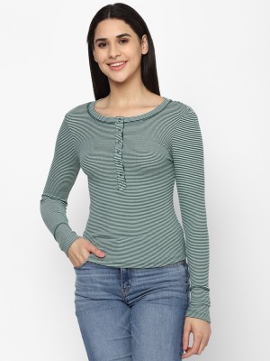 American Eagle Outfitters Striped Women Henley Neck Green T-Shirt