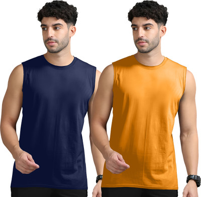 Jangoboy Solid Men Round Neck Dark Blue, Orange T-Shirt