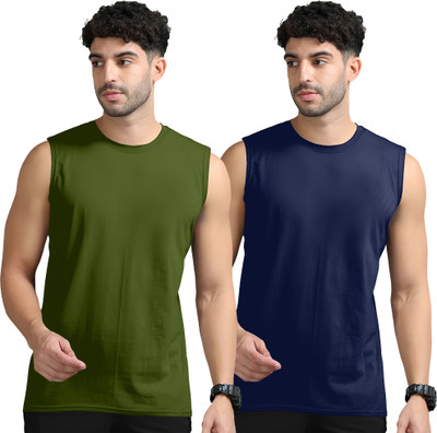 Adorbs Solid Men Round Neck Dark Green, Dark Blue T-Shirt