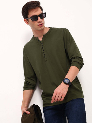 SHOWOFFFF Solid Men Henley Neck Green T-Shirt