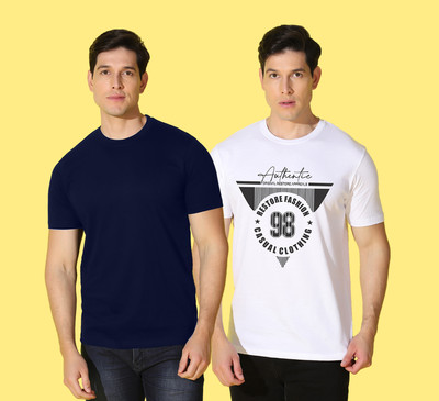 WOOSTRO Graphic Print, Solid Men Round Neck Blue, White T-Shirt
