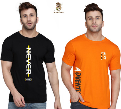 SLOWLORIS Typography Men Round Neck Orange, Black T-Shirt