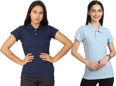 Besimple Solid Women Polo Neck Dark Blue, Light Blue T-Shirt